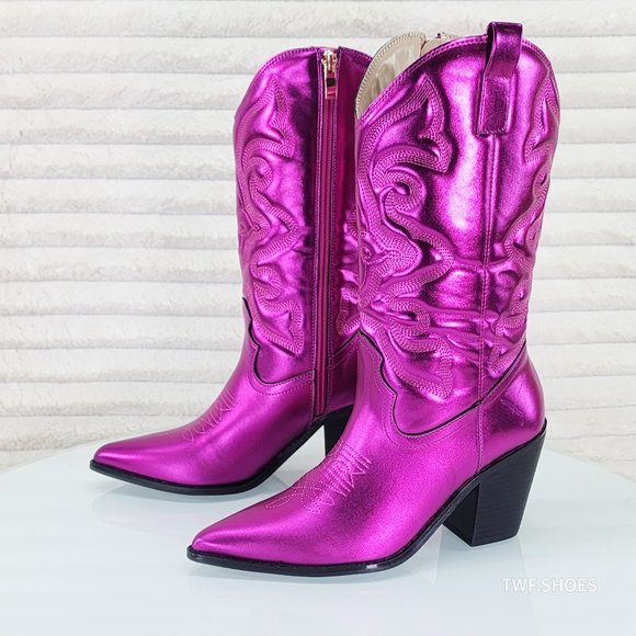 Electric Mid Calf Cowboy Hot Pink Brush Metallic Matte Western Cowgirl Boots - Picture 7 of 8